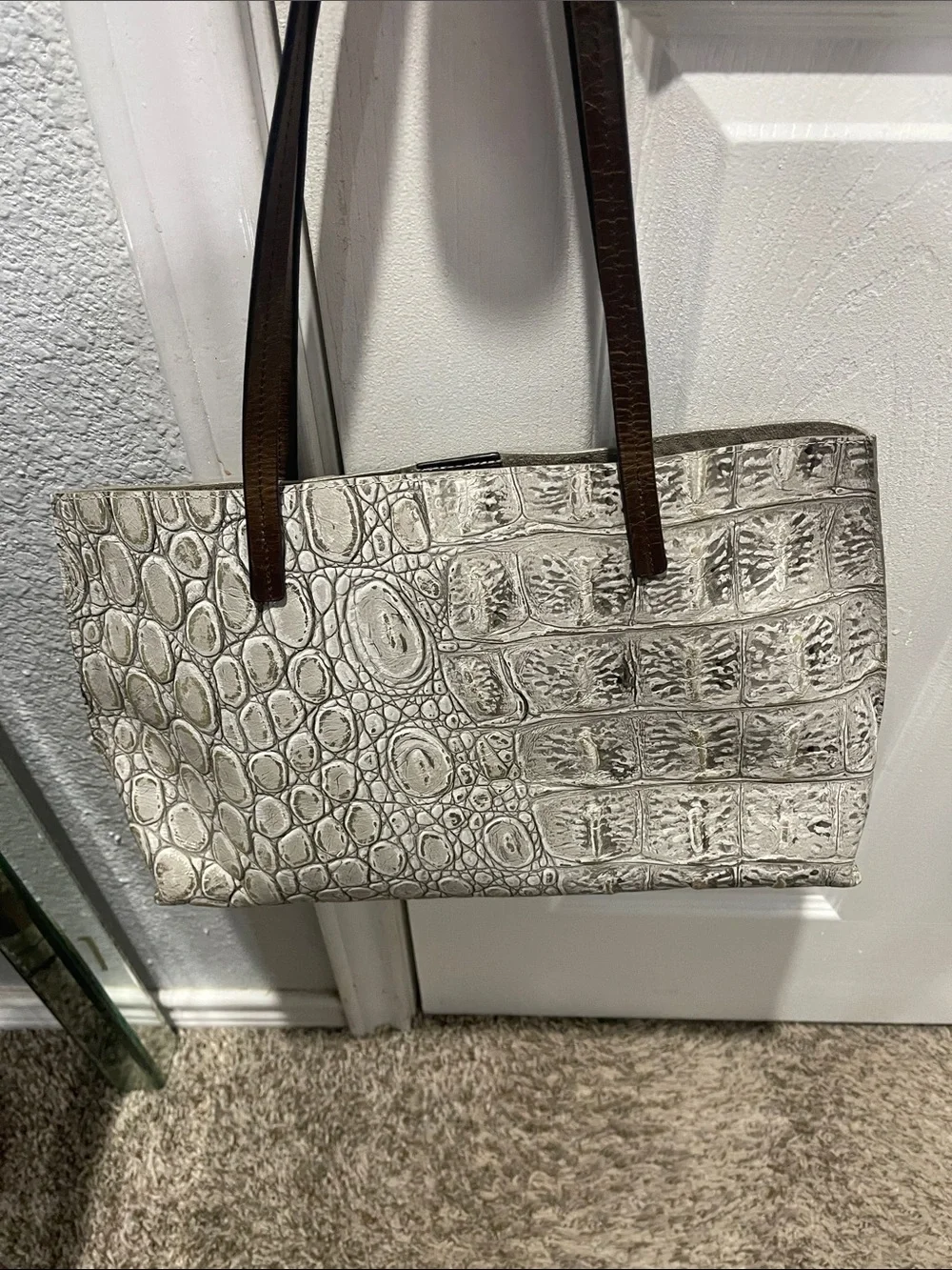 B. May Croc-Embossed Cream Tote with Brown Straps